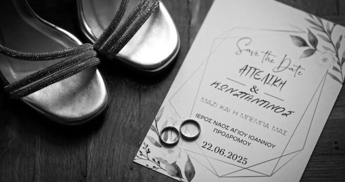 Ασπρόμαυρη flatlay φωτογραφία με τα προσκλητήρια του γάμου, τις βέρες και τα παπούτσια.