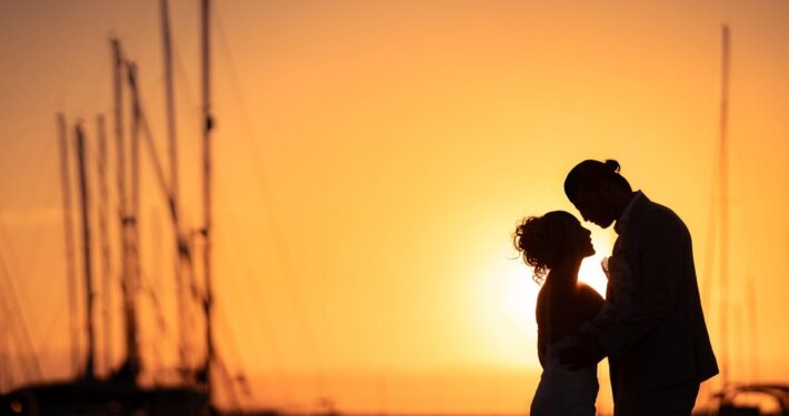 Καλλιτεχνική λήψη με τις σιλουέτες του γαμπρού και της νύφης με φόντο τον χρυσό ουρανό.